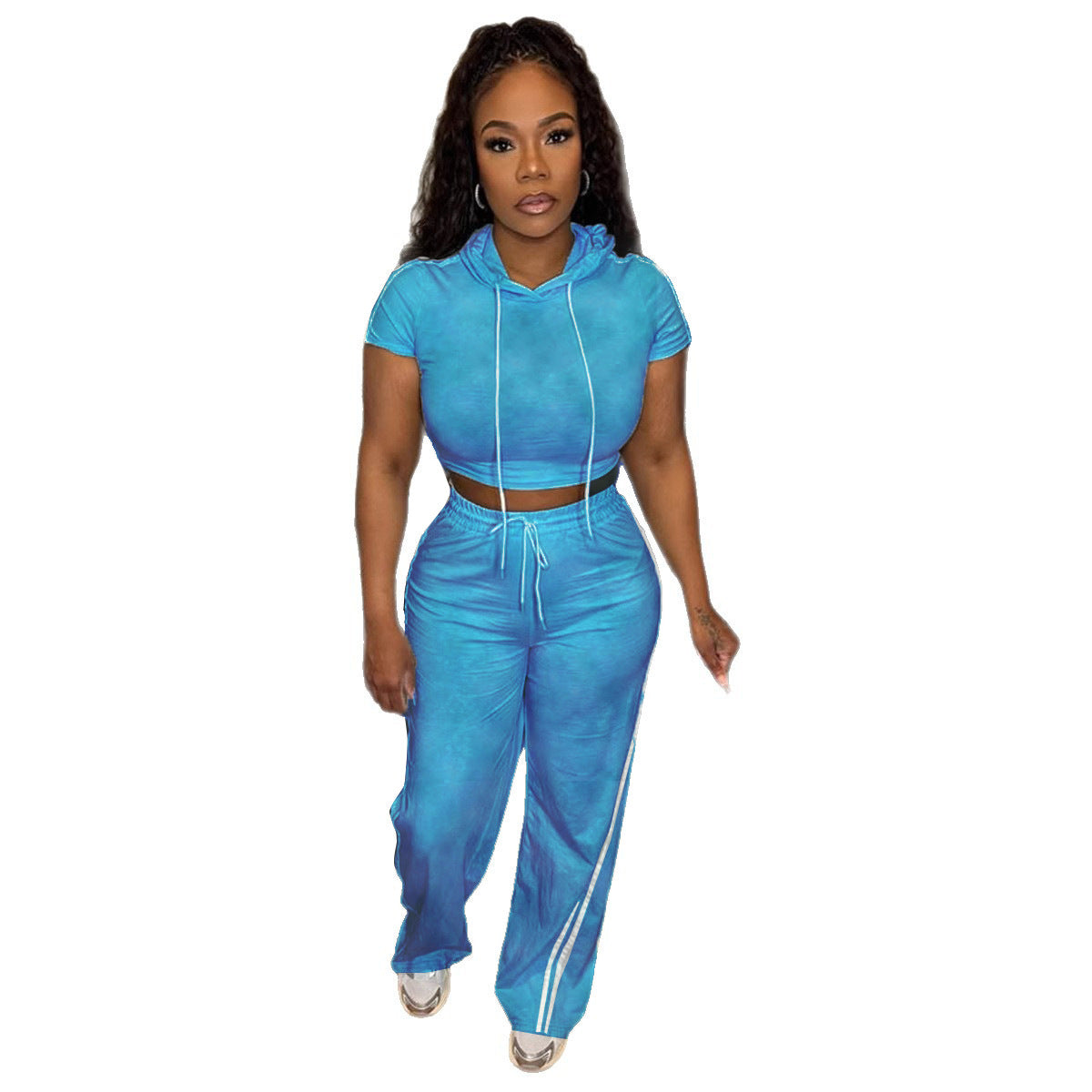 Women Casual Short Sleeve Hoodie and Pants Set in Solid Colors