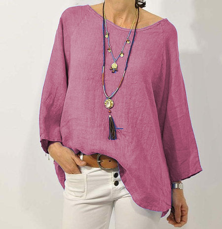 Blusa informal de lino y algodón de color liso de talla grande