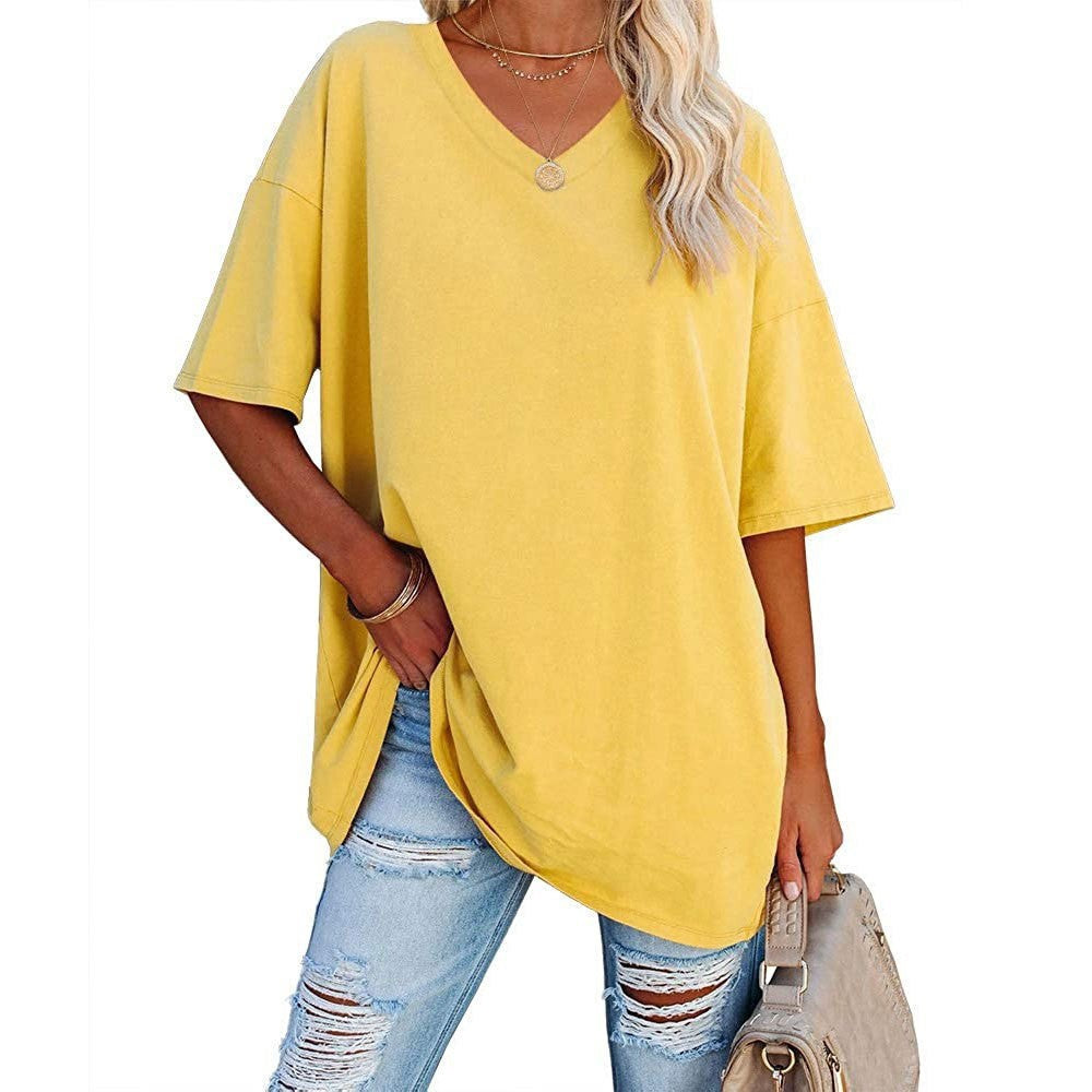 Camiseta informal holgada de manga corta con cuello en V para mujer, color liso