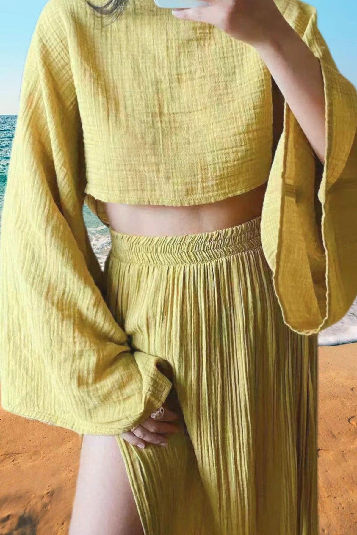 Women Casual Solid Cotton Linen Long Sleeve Crop Top and Skirt Set