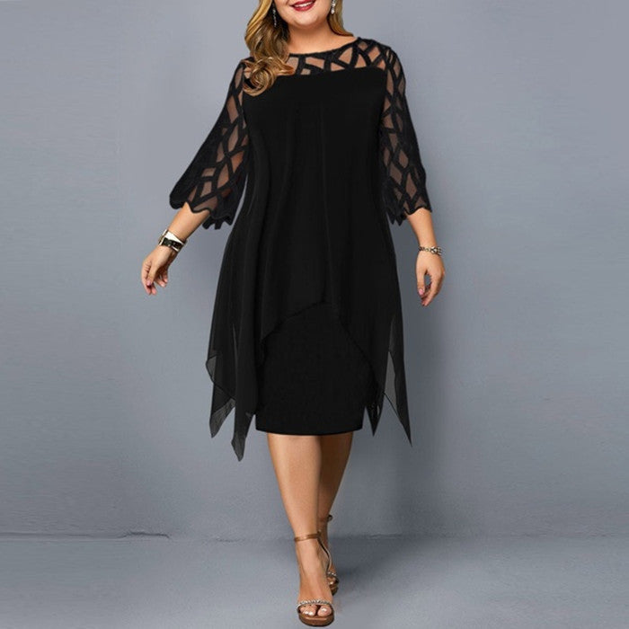 Vestido informal de gasa de manga larga con detalles de encaje para mujer, talla grande