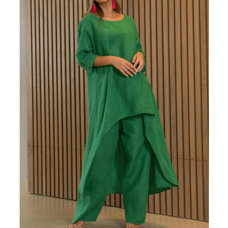 Women Fashion Casual Solid Color Cotton Linen Set