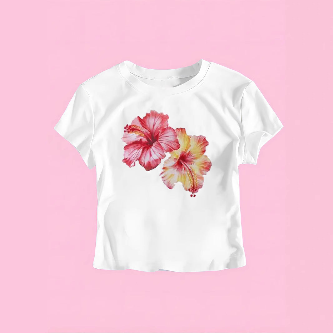 Women Fashion Casual Printed Short-Sleeve Slim-Fit Crop Top