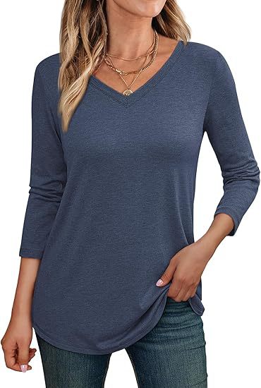 Women Casual Solid Color V-Neck Long Sleeve Blank T-Shirt