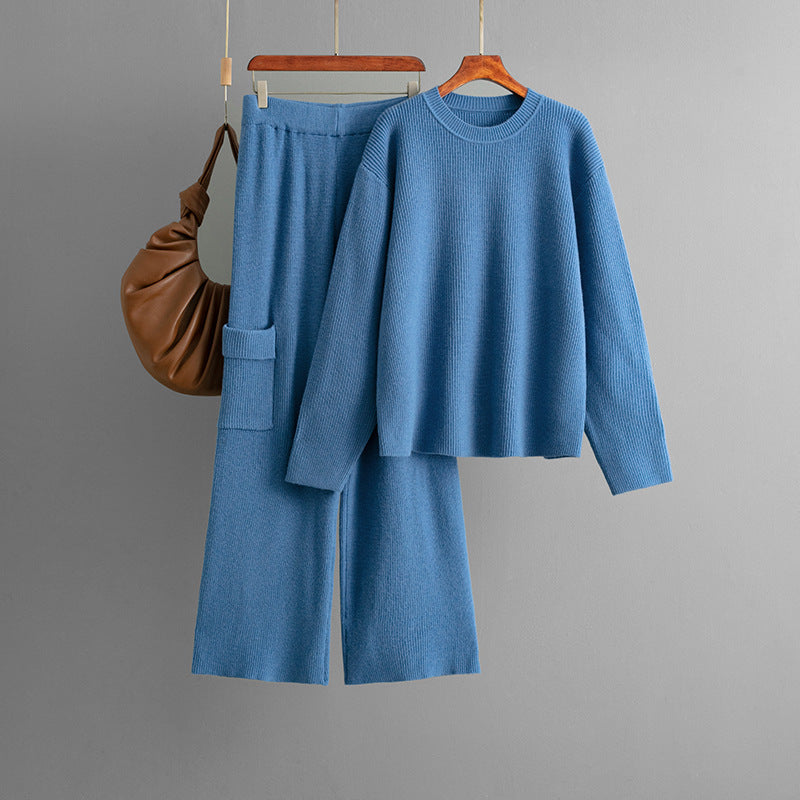 Conjunto de dos piezas de punto de color liso a la moda para mujer