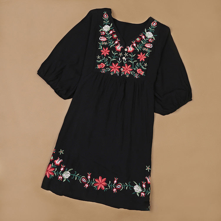 Women Casual Boho Floral Embroidered V-Neck Short-Sleeve Dress