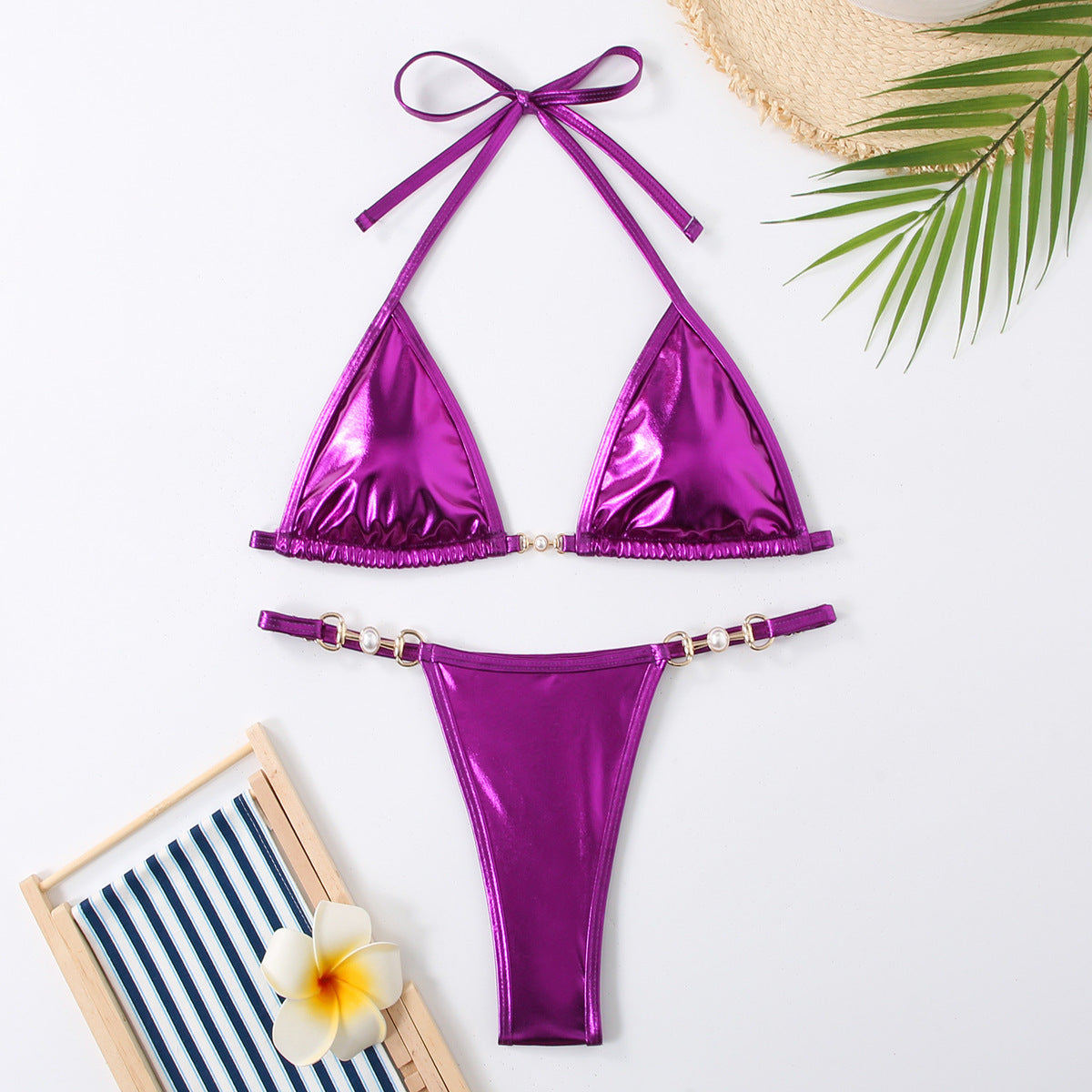 Bikini sexy de color sólido con cuello halter y cordones para mujer