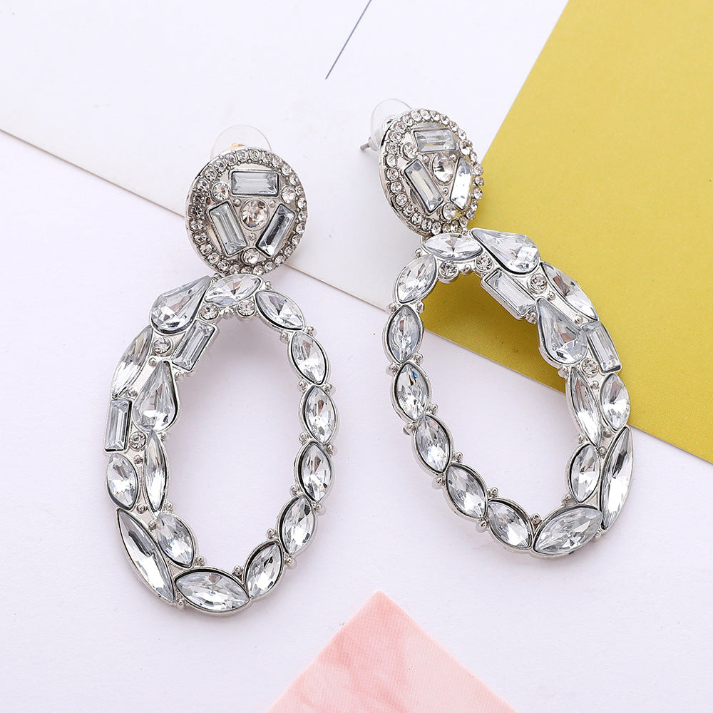 Boucles d'oreilles géométriques ovales en alliage et strass pour femmes, bijoux élégants