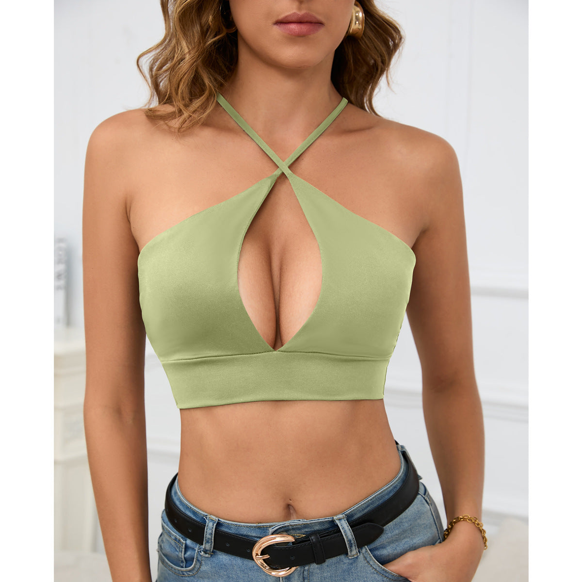 Women Sexy Hollow Solid Color Cropped Camisole Made of Milk Fiber