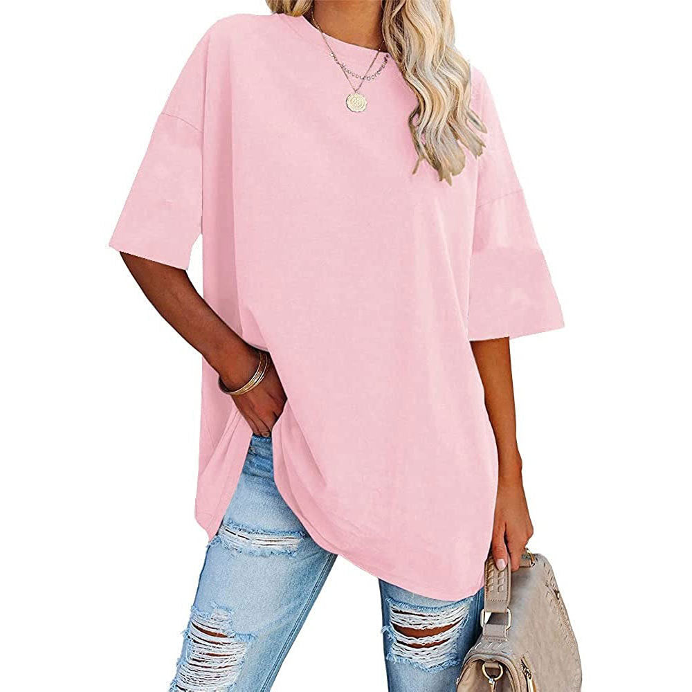 Camiseta informal de manga corta con cuello redondo para mujer, lisa, holgada y lisa
