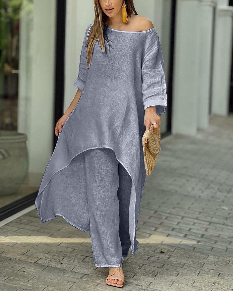 Women Fashion Casual Solid Color Cotton Linen Set