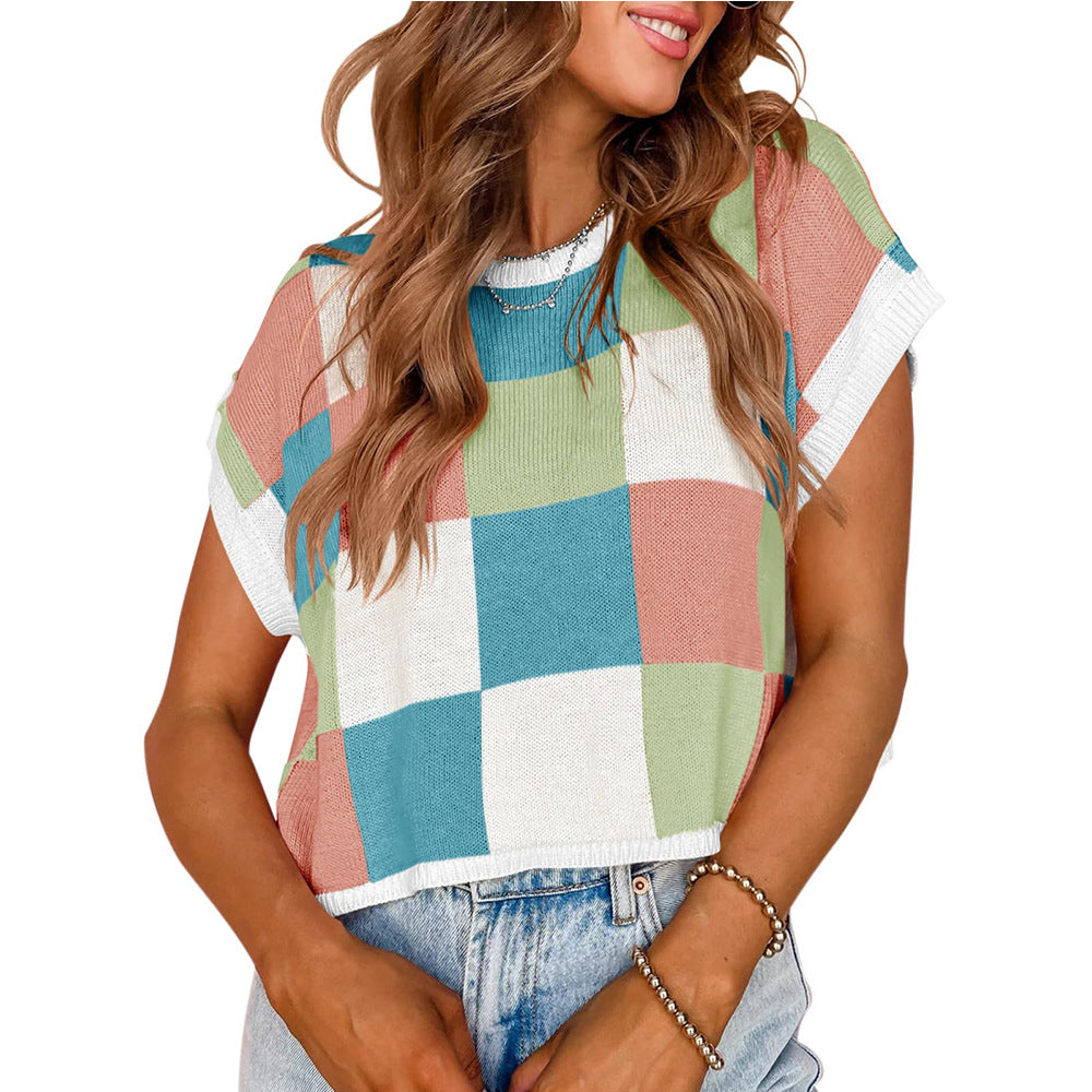 Women Casual Color Block Round Neck Knitted Top
