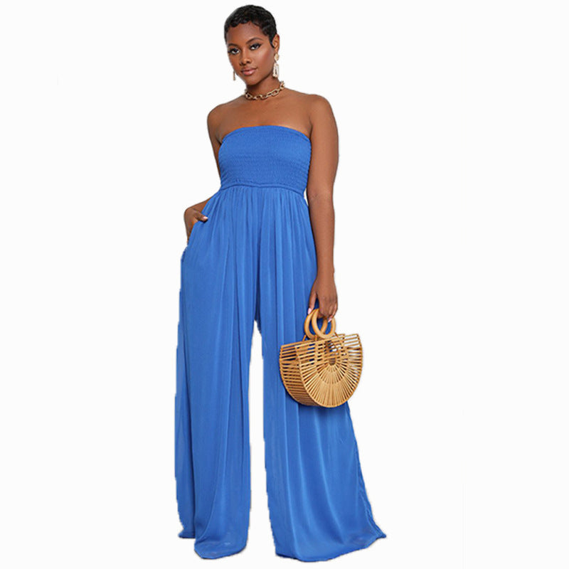 Women Fashion Casual Solid Color Chiffon Sleeveless Wide Leg Jumpsuit