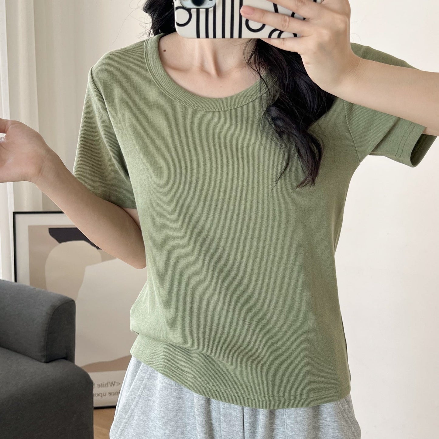 Fashion Basic Women Solid Color Rib-Knit Short Sleeve Blank T-Shirt