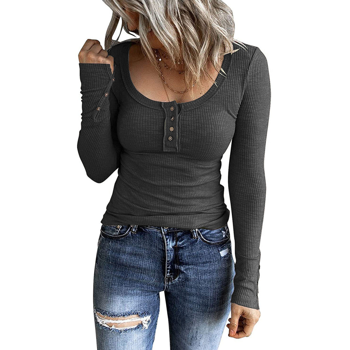 Women Fashion Solid Color Long Sleeve Blank T-Shirt
