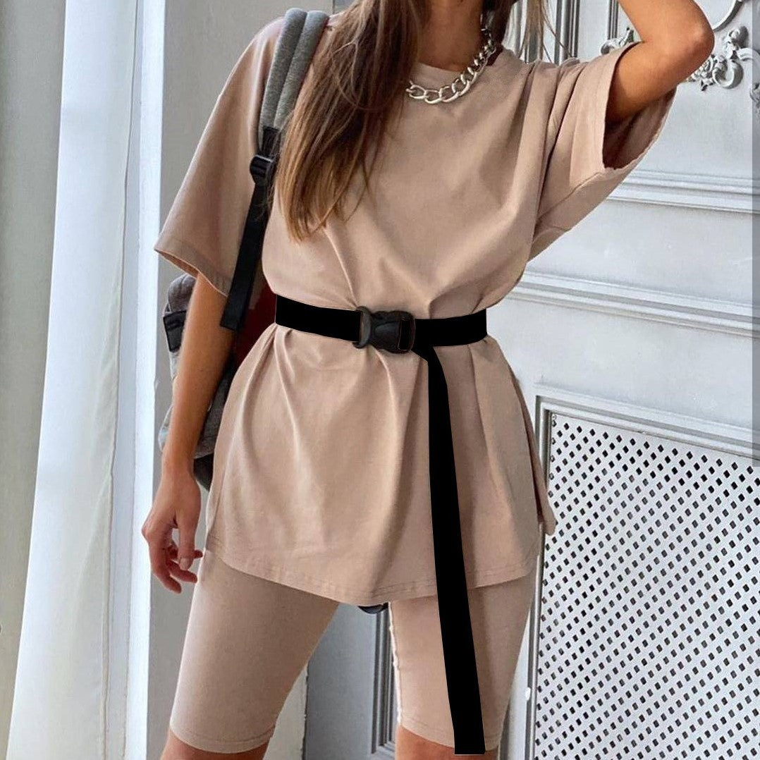 Women Casual Solid Color Short Sleeve Top And Shorts Set