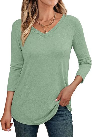 Women Casual Solid Color V-Neck Long Sleeve Blank T-Shirt