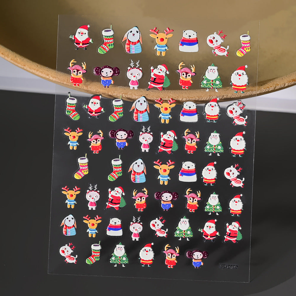 Pegatinas para uñas con relieve navideño de Papá Noel, muñeco de nieve y copos de nieve