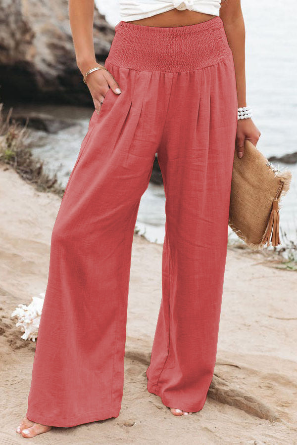 Pantalones anchos de lino y algodón para mujer con bolsillos