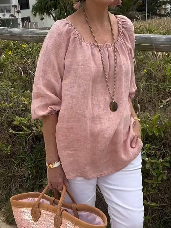 Top informal de lino y algodón con cuello redondo de color liso para mujer