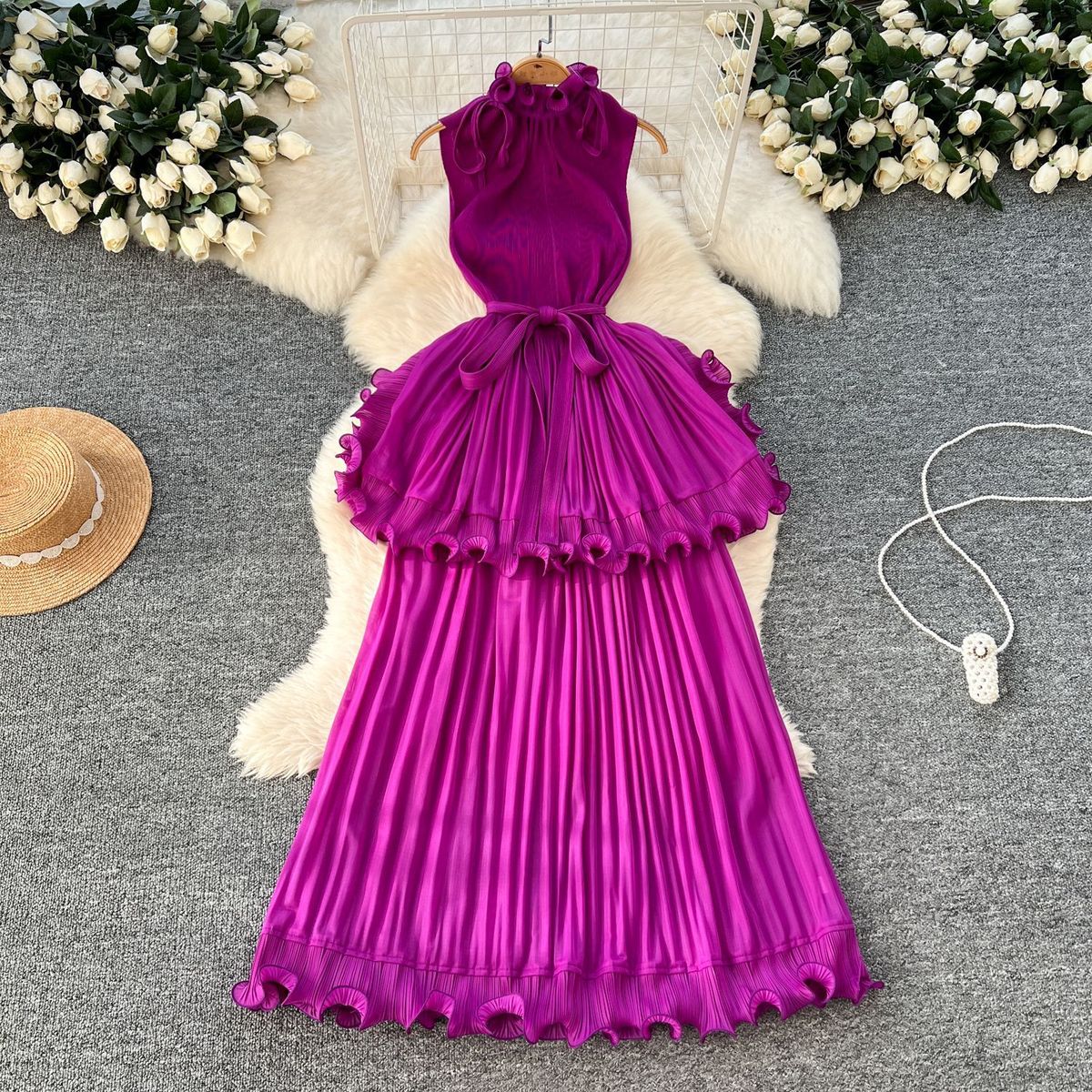 African Women Summer Pleated Ruffled Maxi Dress