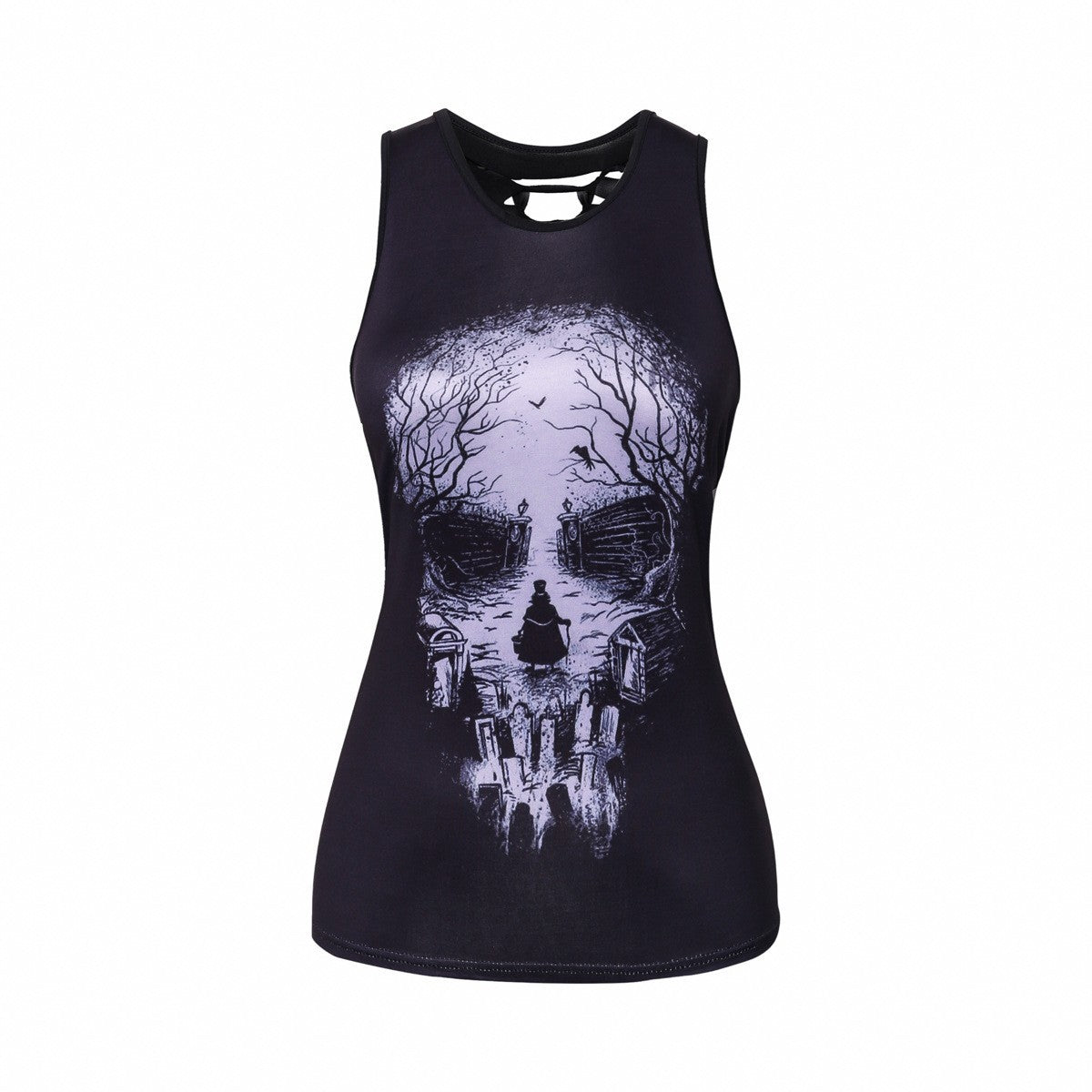 Camiseta sin mangas informal con estampado floral de calavera de Halloween para mujer