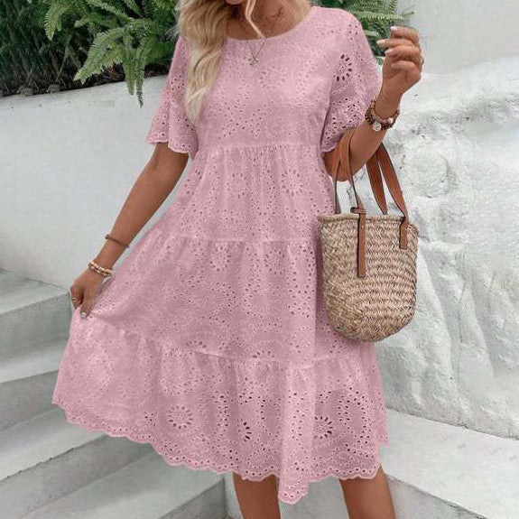 Robe décontractée à manches courtes en coton et dentelle pour femme