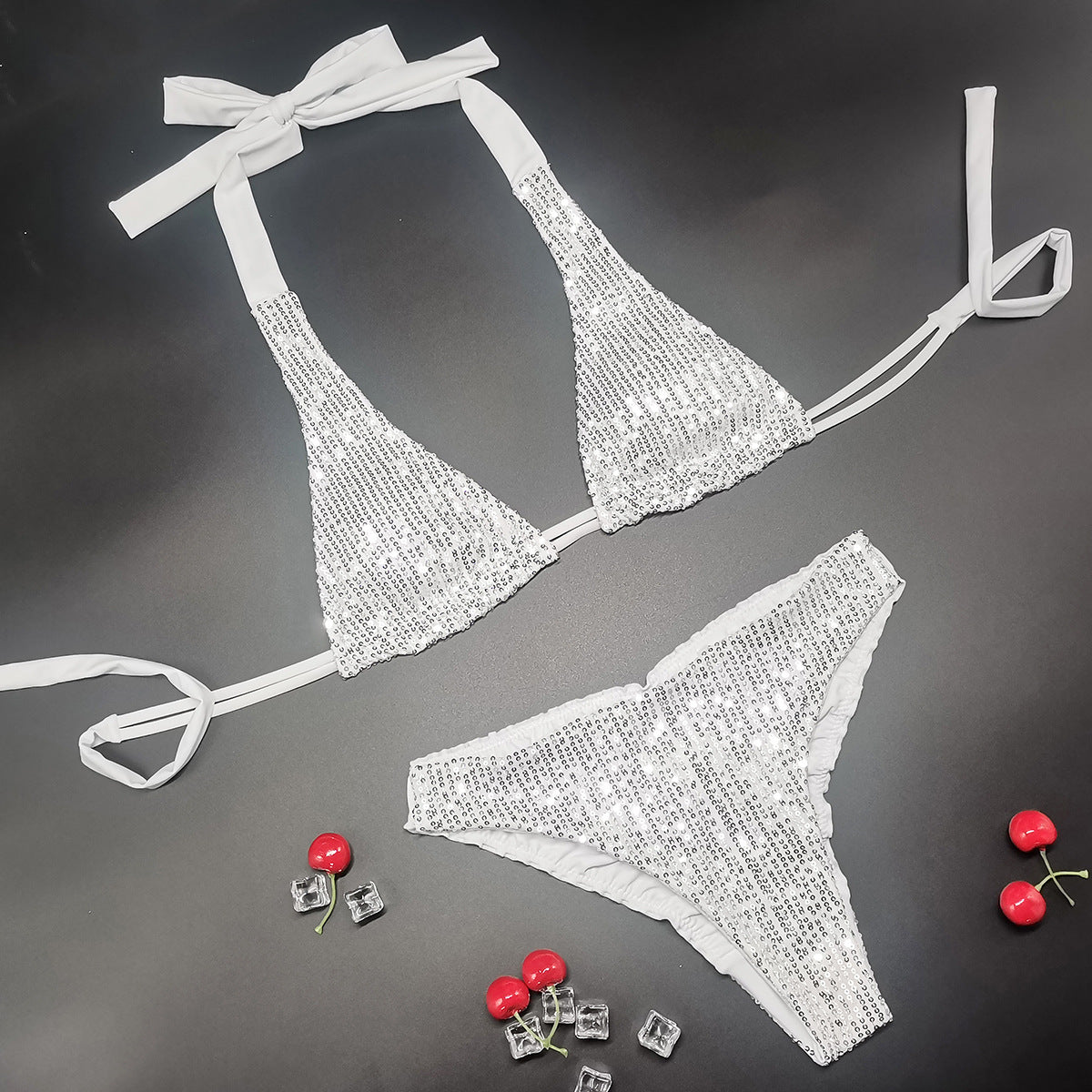 Women Sexy Solid Color Sequin Halter Bikini Swimsuit