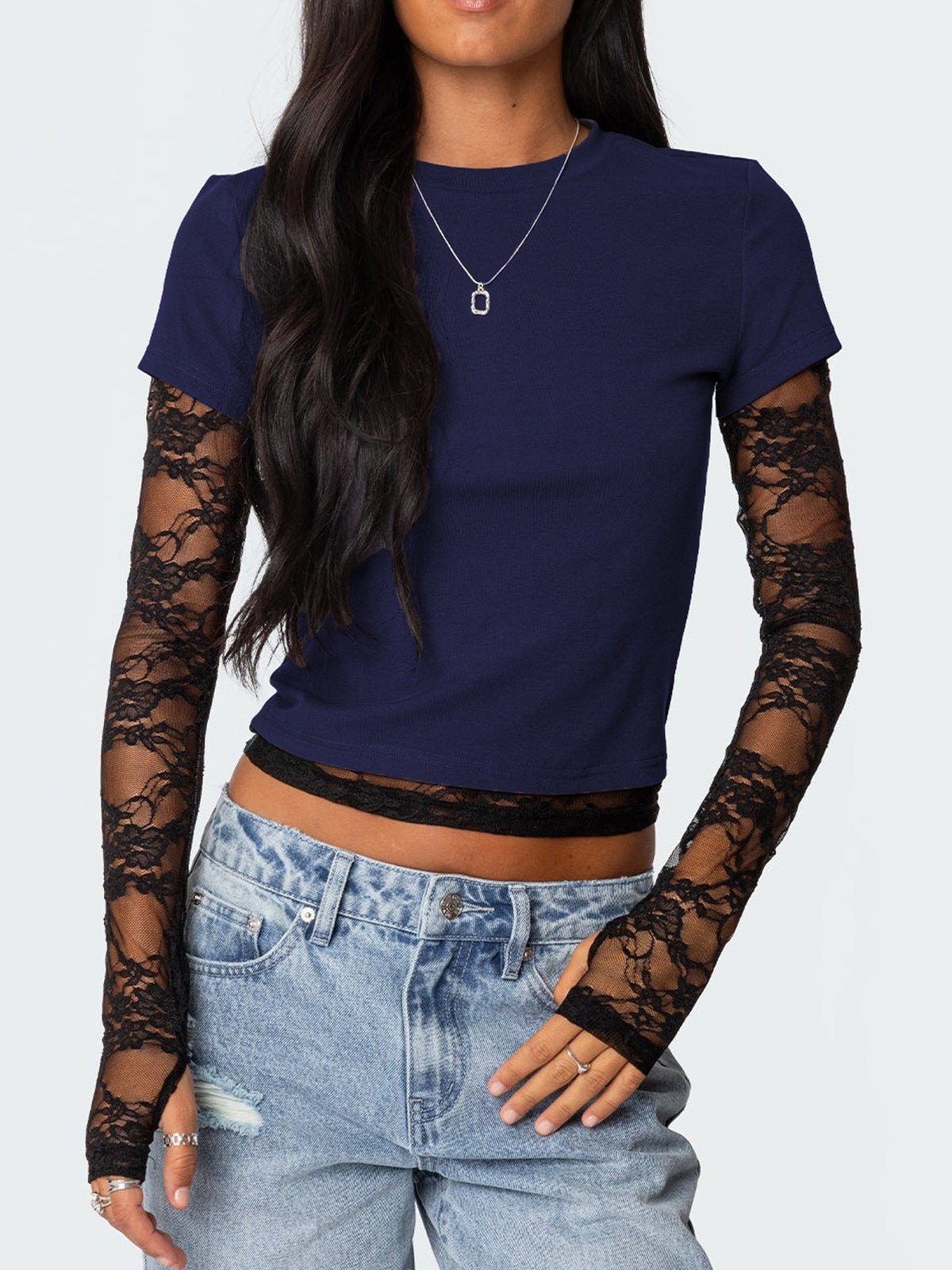 Women Y2k Lace Stitching Long Sleeve T-Shirt
