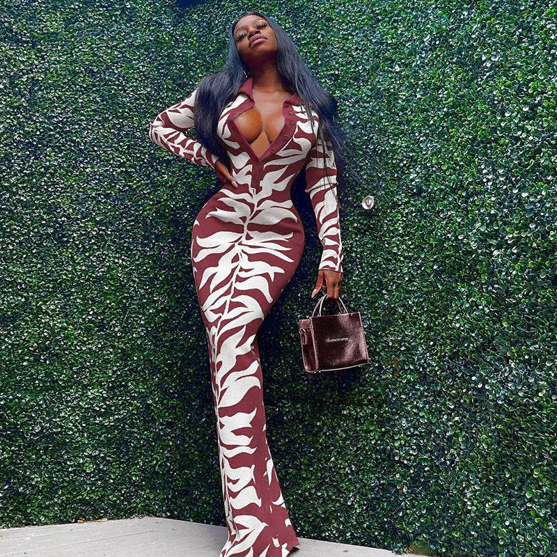 Women Fashion Sexy Printed Lapel-Breasted Dress