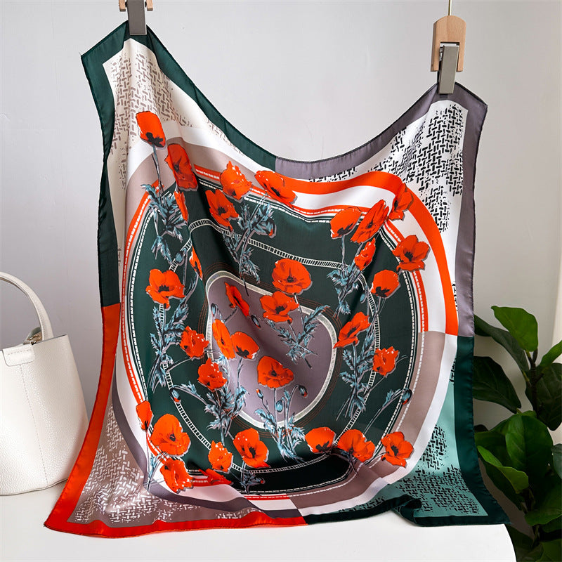 Bufanda de satén con flores de peonía para mujer, primavera y verano