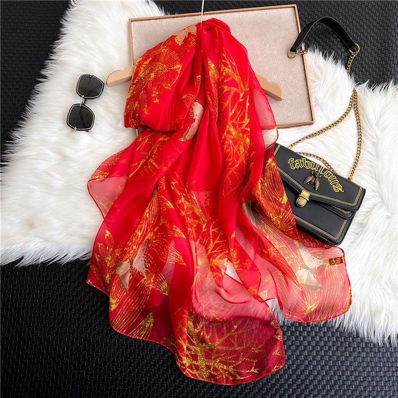 Summer Women Fashion Geometric Leaves Printed Silk Scarf