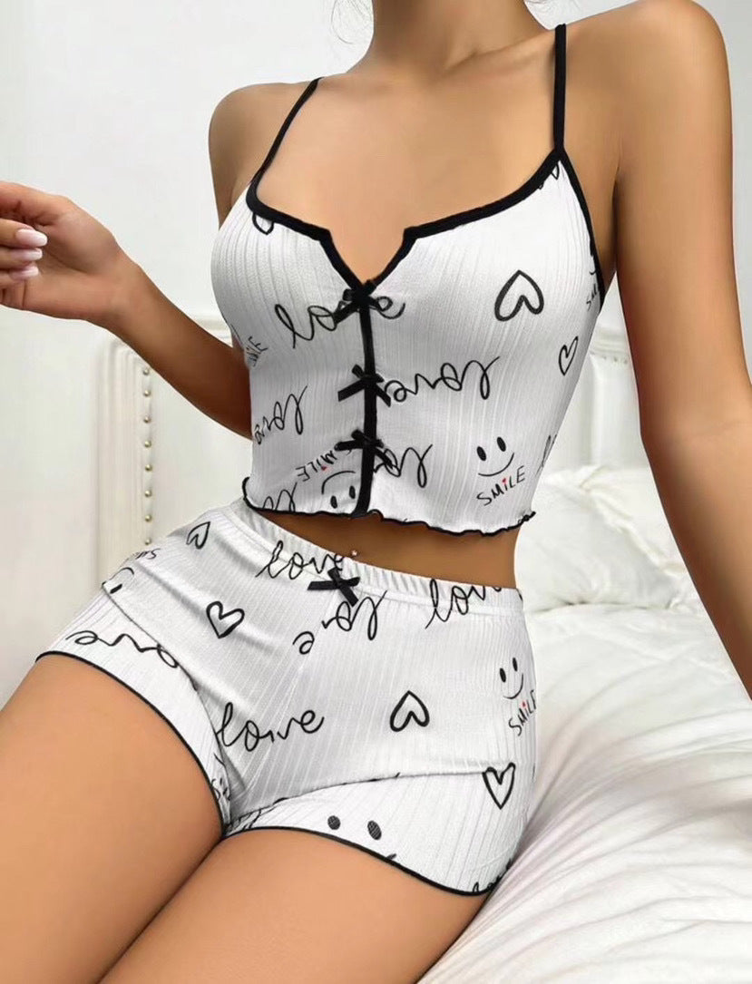 Women Fashion Sexy Printed Bowknot Camisole Shorts Set