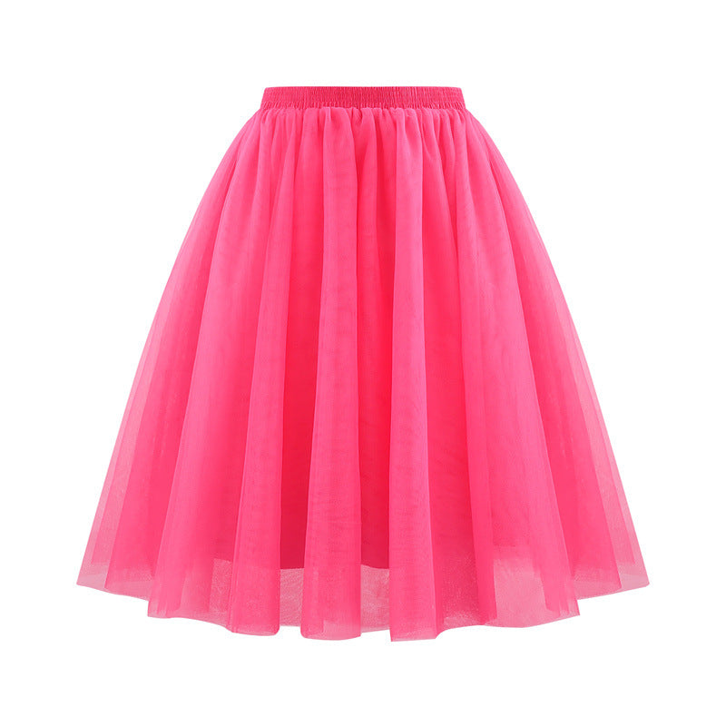 Women Fashion Elegant Solid Color High Waist Pleated Mesh Skirt