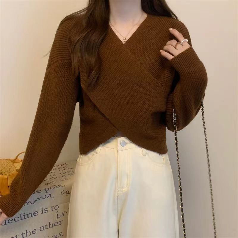 Women Autumn And Winter Cross V-Neck Knitted Sweater
