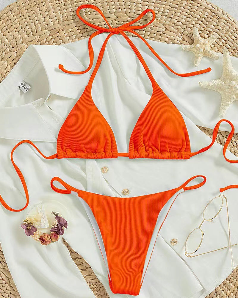 Maillot de bain bikini dos nu sexy et simple de couleur unie pour femmes
