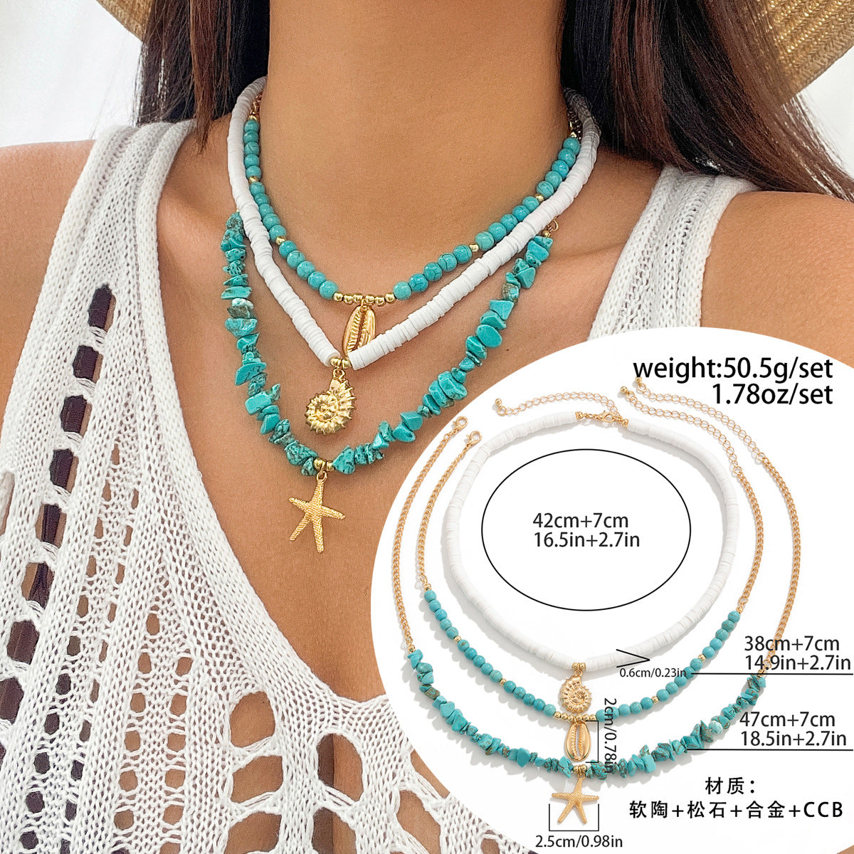 Collar de turquesa con concha estilo marinero informal bohemio