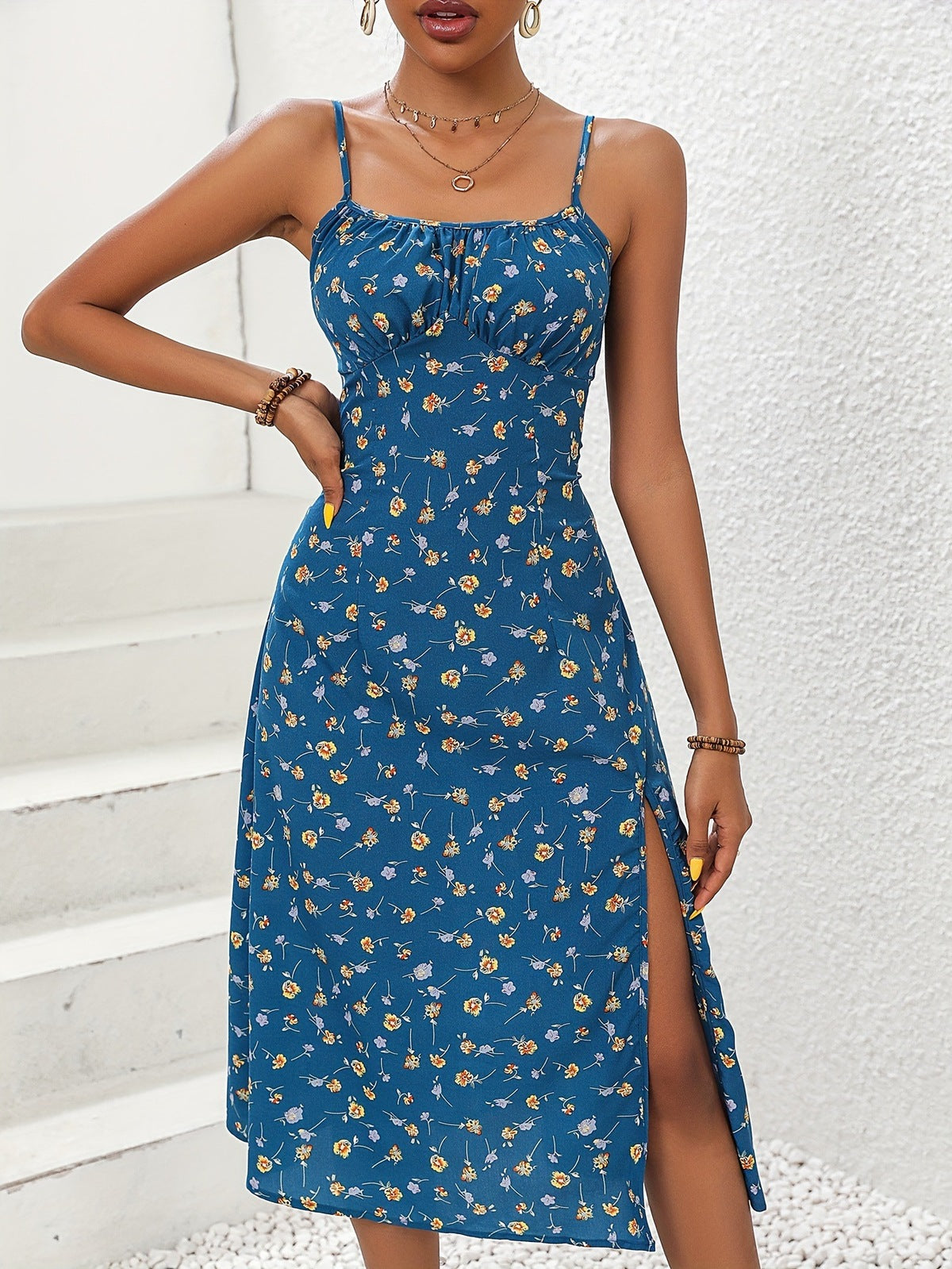 Robe ample fendue à bretelles spaghetti et imprimé floral sexy pour femme