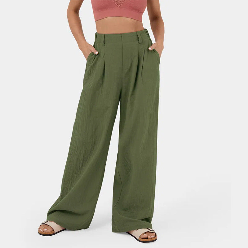 Pantalones casuales de algodón con cintura alta y pierna ancha para mujer