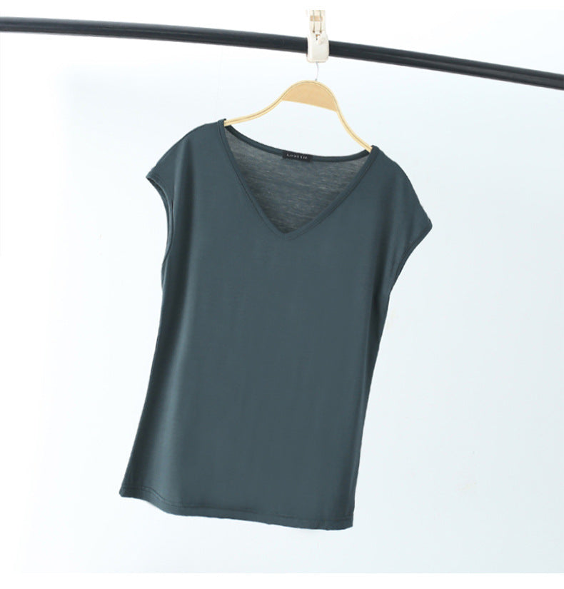 Camiseta informal de manga corta con cuello en V y color liso para mujer