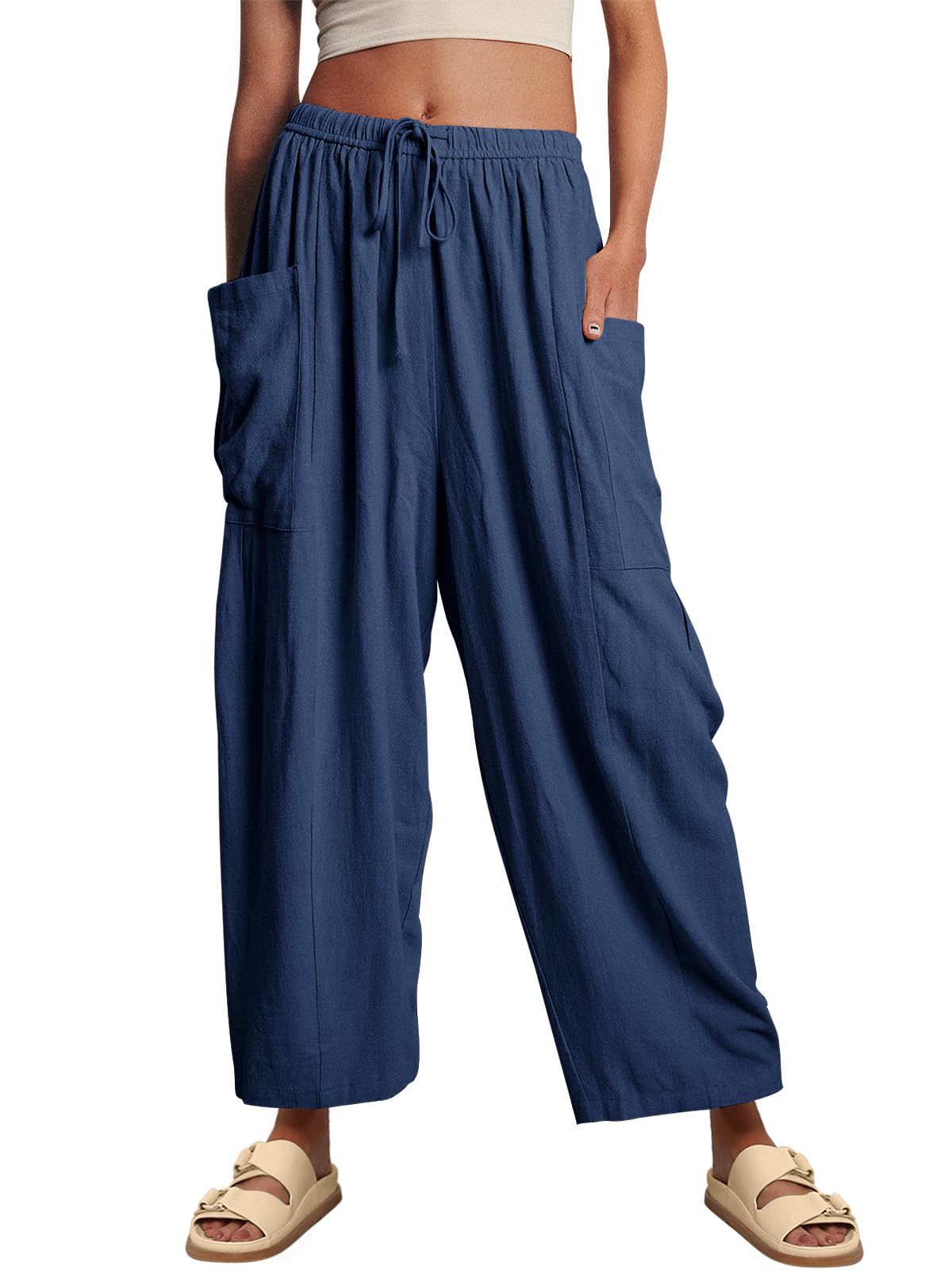 Pantalones anchos de cintura alta de lino y algodón para mujer