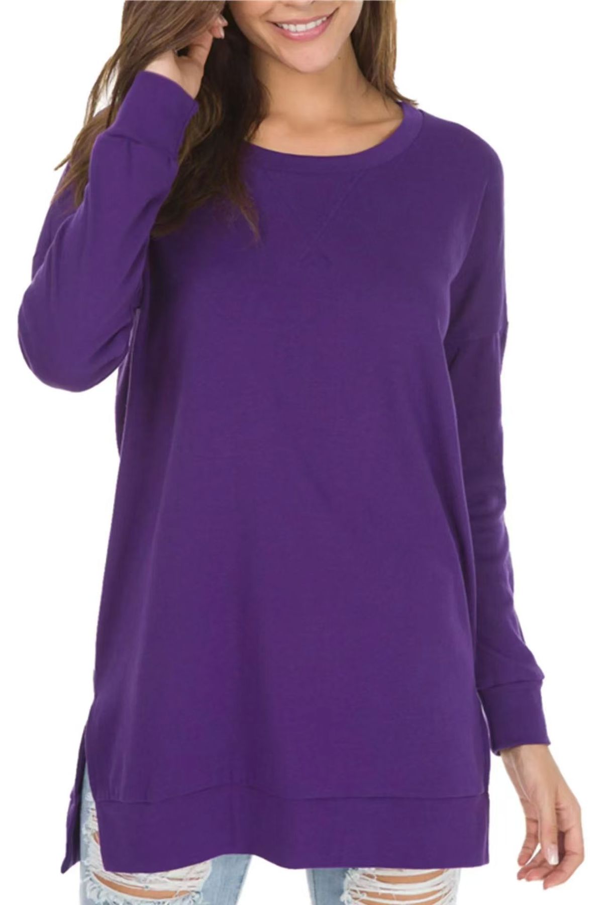 Women Simple Solid Color Round Neck Long Sleeve Blank T-Shirt
