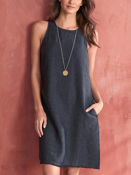 Vestido de cuello redondo de lino y algodón a la moda para mujer