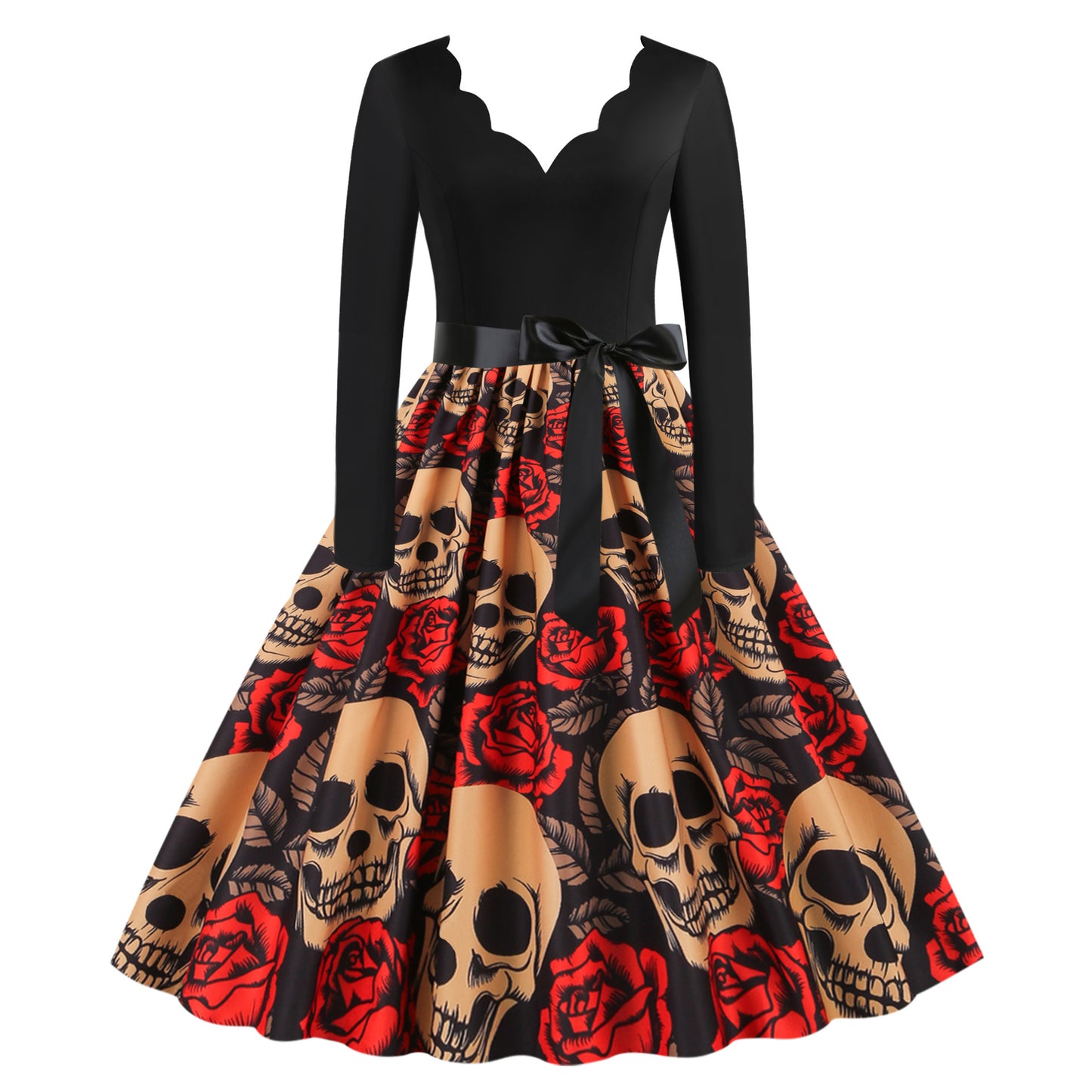 Vestido informal de Halloween con estampado de calavera y rosa para mujer