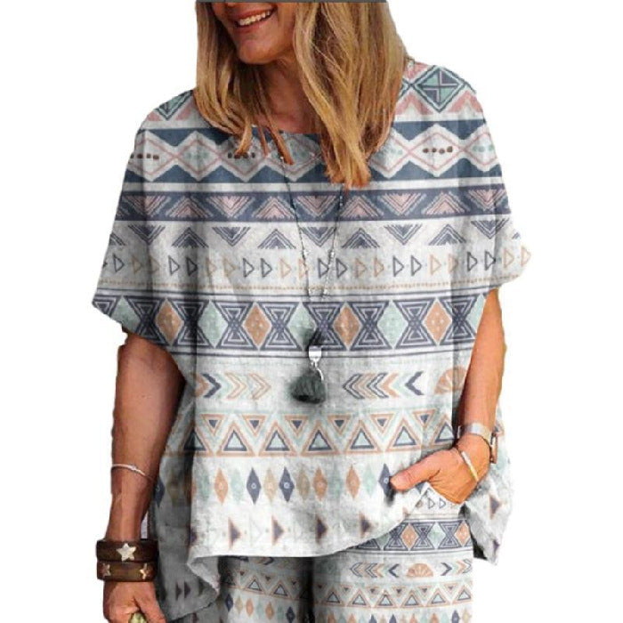 Women's Fashion Geometric Fawn Cotton and Linen Two-Piece Set