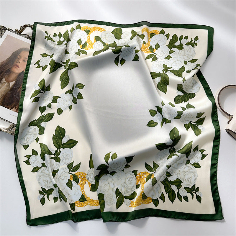 Pañuelo cuadrado de satén de seda con estampado de lirios y flores de 70 cm