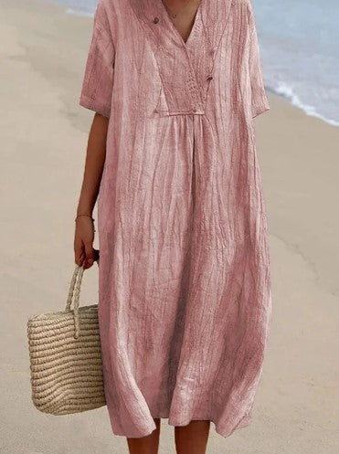 Robe décontractée en coton et lin à col en V et couleur unie pour femme