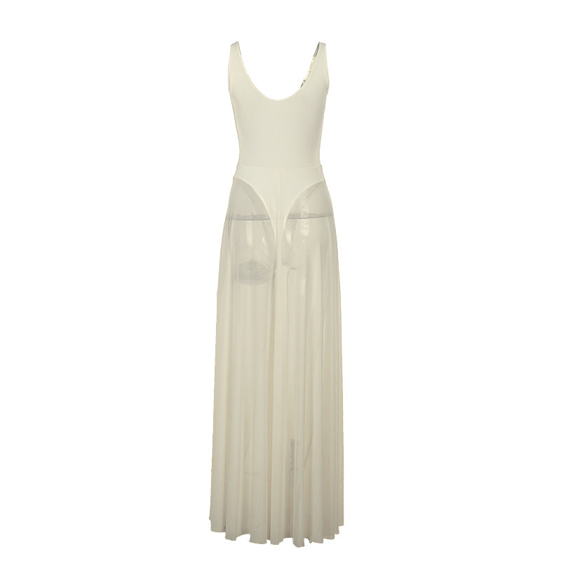Women Elegant Mesh V-Neck Sleeveless Dress Polyester Slim Fit