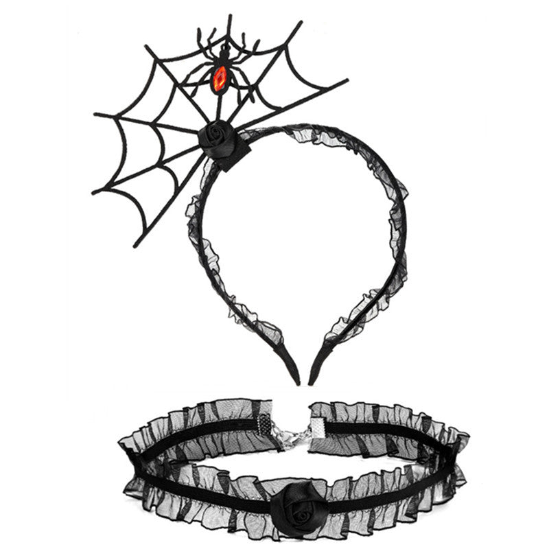 Ensemble de bijoux ras du cou en dentelle avec bandeau en toile d'araignée noire pour femme, idéal pour Halloween