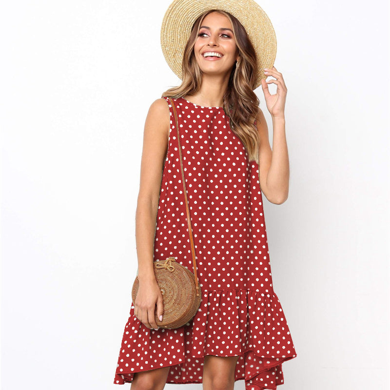 Minivestido playero bohemio de verano con lunares, sin mangas y volantes para mujer
